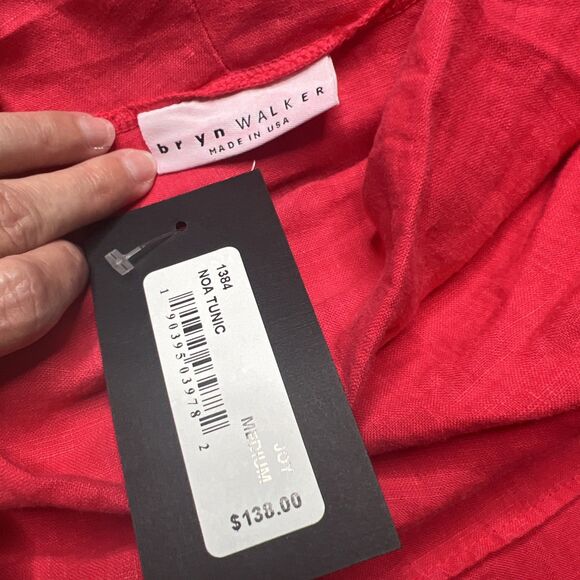 BRYN WALKER NWT Noa Linen Tunic Top Medium Red Pink Lagenlook Cowl Asymmetrical - Picture 2 of 8